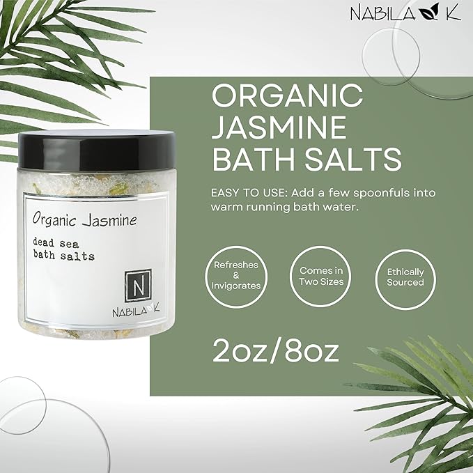 Organic Jasmine Bath Salts by Nabila K - Dead Sea Salt & Epsom Salt Scrub & Soak - Exfoliates & Hydrates Skin, Botanical Essential Oils - Bubble Bath Accessories for All Skins Types, 8 oz-VivaGrace Women