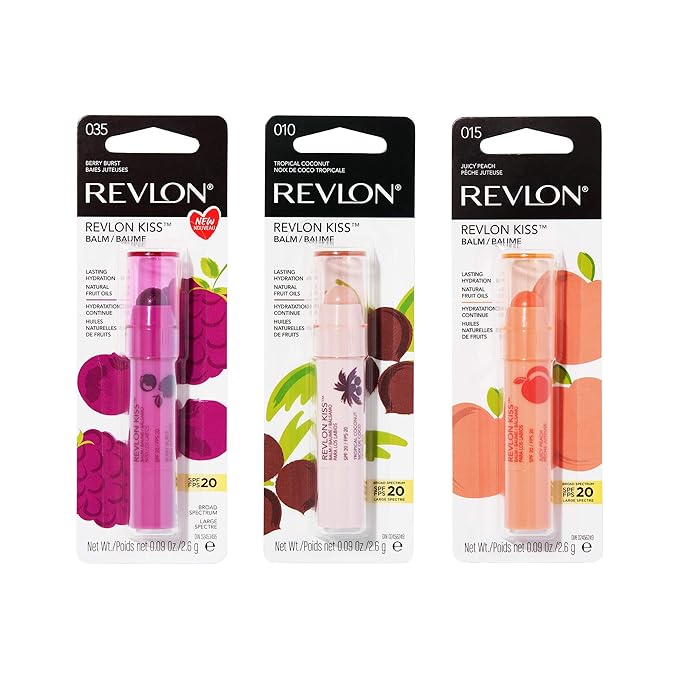 Revlon Lip Balm, Kiss Tinted Lip Balm, Face Makeup with Lasting Hydration, SPF 20, Infused with Natural Fruit Oils, 3 Piece Set, Juicy peach, Berry Burst & Coconut, 0.09 Oz-VivaGrace Women