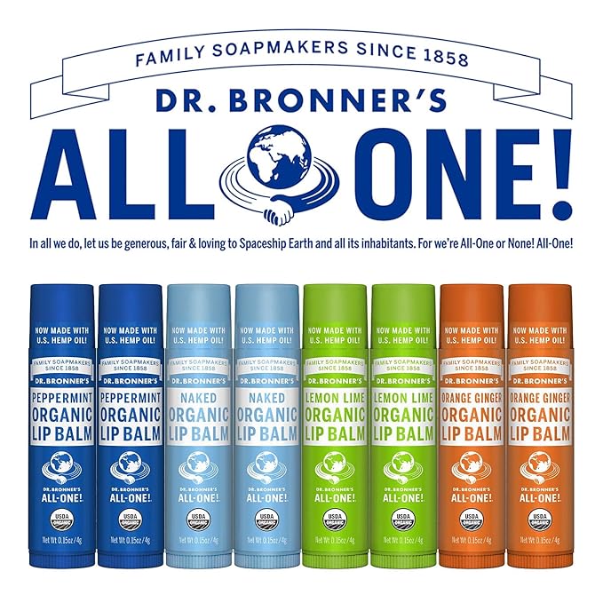 Dr. Bronner's - Organic Lip Balm Variety Peppermint, Orange Ginger, Naked, Lemon Lime) - Made with Organic Beeswax and Avocado Oil, For Dry Lips, Hands, Chin or Cheeks, 0.15 Ounce (Pack of 4)-VivaGrace Women