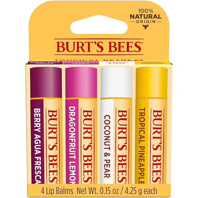 Burt's Bees Lip Balm - Berry Agua Fresca, Dragonfruit Lemon, Coconut & Pear, Tropical Pineapple Pack, With Beeswax, Tint-Free, Natural Origin Lip Treatment, 4 Tubes, 0.15 oz.-VivaGrace Women