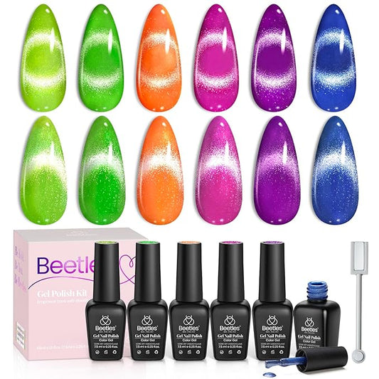 Beetles Cat Eye Gel Nail Polish Set, 6 Colors Summer Neon Holographic Glitter Gel Polish Kit Hot Pink Orange Purple Blue Green Magnetic Nail Polish Soak Off UV French Nail Art Gift for Women-VivaGrace Women