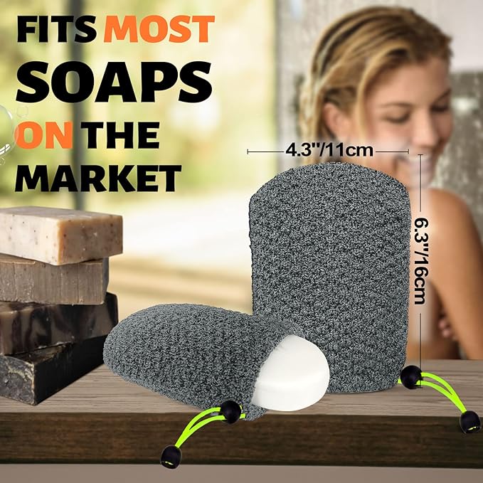 MIG4U Exfoliating Soap Bag for Shower 2 Pieces - Bar Soap Saver Pouch, Bamboo Body Scrubber Exfoliator Pocket in Travel Bathing, Grey