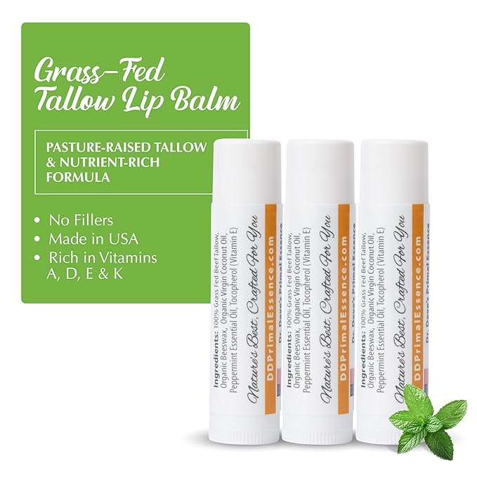 Moisturizing Tallow Lip Balm – Grass-Fed Beef Tallow with Organic Coconut Oil, Beeswax, and Vitamin E – Peppermint – Lip Balm Set – Travel Essential – 3-Pack-VivaGrace Women