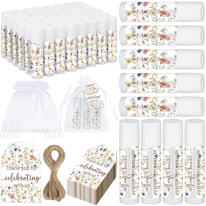 Dunzy 50 Pack Wildflower Party Baby Shower Favors Bulk Lip Balms Gifts Wedding Bridal Shower Favors Small Thank You Appreciation Gifts for Guests Women Employees Teachers Coworker Staff-VivaGrace Women