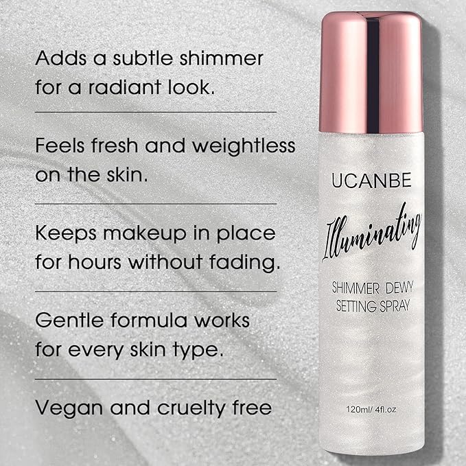 UCANBE Shimmer Dewy Setting Spray – Glowing + Makeup Setting Spray 2 in 1 Lightweight Formula for a Radiant Glow,Long-Lasting Face Mist for Face Body, 4 Fl Oz #Silver-VivaGrace Women