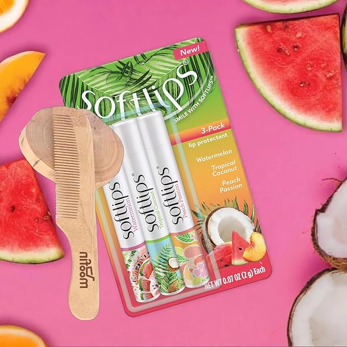 SoftLips Lip Balm, 0.63 oz - Tropical Lip Balm in Hydrating Watermelon, Coconut & Peach Flavors with Shea Butter & Vitamin E, Bundle with Moofin Wooden Comb, Nourishing LipBalm Set (Pack of 1)-VivaGrace Women