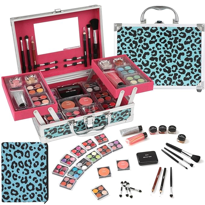 Anpro All-In-One Leopord Double Folding Makeup Carry Case with Pro Teen Makeup Set, Full Starter Kit with Makeup Brushes, Lipsticks, Eyeshadow Palette, Blushes, Glitter Gel, Ideal Present for Girls-VivaGrace Women