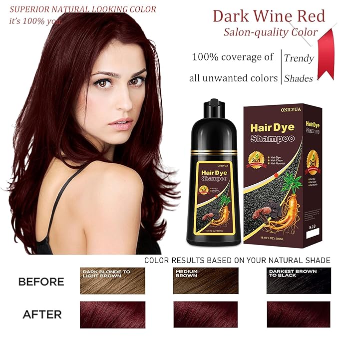 Dark Wine Red Hair Dye Shampoo, 100% Gray Hair Coverage for Men & Women, Instant and Long-lasting Hair Color Shampoo in Minutes, 3 in 1 Pure Plant Extract Natural Hair Dye Kit for All Hair Types-VivaGrace Women
