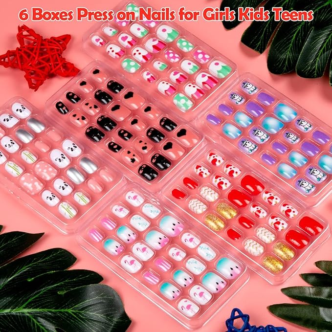 144 Pieces Fake Nails for Kids Girls Artificial Kids Press on Nails Full Cover Short Acrylic Stick On Nails False Nail Tips Kit for Children Little Girls Nail Art Decoration (Sweet Pattern)