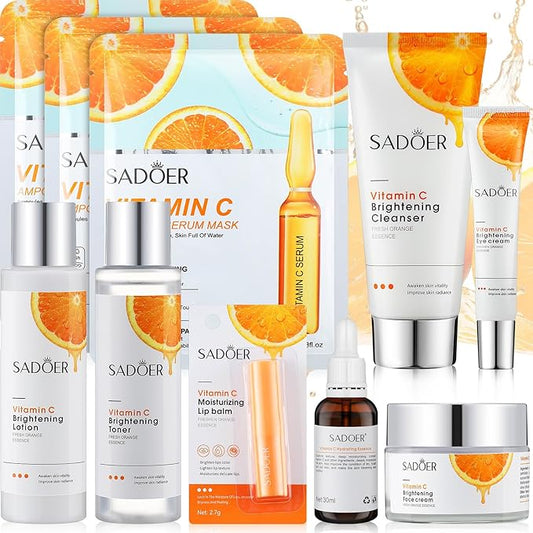 10 Pcs Skin Care Sets Face Care Set for Women Includes 1 Pcs Cleanser, Toner, Lotion, Eye Cream, Serum, Face Cream, Lip Balm and 3 Facial Masks Skincare Gift for Girls (Vitamin C)-VivaGrace Women