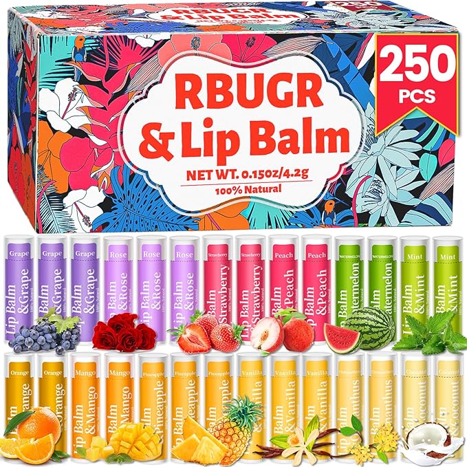 250 Pcs Lip Balm Bulk,12 Fruit Flavored Natural Bulk Lip Balm, Lip Balms Pack with Vitamin E, Lip Balm Gift Set Women Stocking Stuffers Party Favors, Moisturizing&Soothing(4.2g/0.15oz)-VivaGrace Women