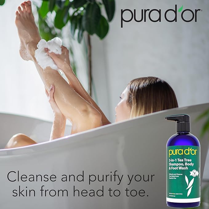 PURA D'OR 3-in-1 Tea Tree Shampoo, Body & Foot Wash, Shampoo (16oz x3 = 48oz) Total Body Care - Foot Odor & Daily Hygiene, Cleansing Routine, Post-Workout Refreshment - Soothes, Invigorates, Nourishes-VivaGrace Women