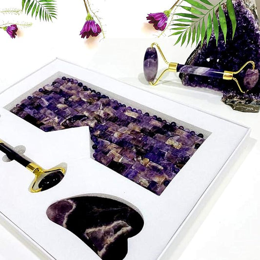 100% Authentic Amethyst Mother's day Gift Set Amethyst Eye Mask Amethyst Jade Roller & Gua Sha Set Facial Mask Instant Puffiness promote relaxation and relief stress.-VivaGrace Women