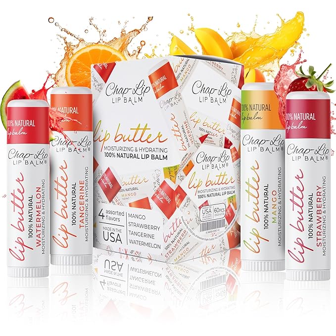 CHAP-LIP 100% All Natural Lip Balm Hydrating Bulk Chap Stick with Fruit Flavors, Coconut Oil, and Cocoa Butter - Lip Therapy Pack for Men and Women - Gift Set Made in the USA, 60 Pack-VivaGrace Women