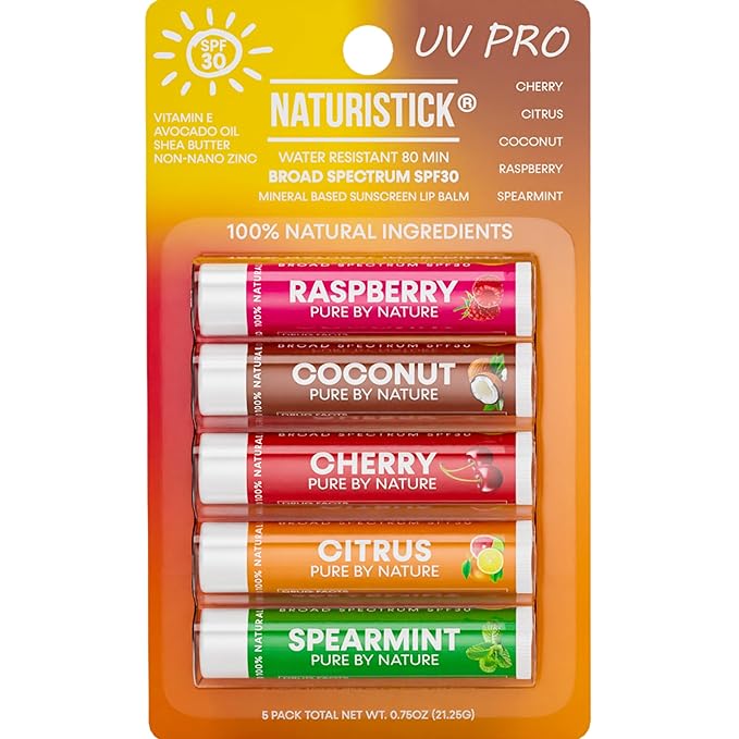 Naturistick SPF 30 Vegan Lip Balm – Mineral Sunscreen with Zinc Oxide | Broad Spectrum UVA/UVB | 100% Natural, Coral-Friendly Formula | 5-Pk Raspberry, Coconut, Cherry, Citrus, Spearmint | Made in USA-VivaGrace Women