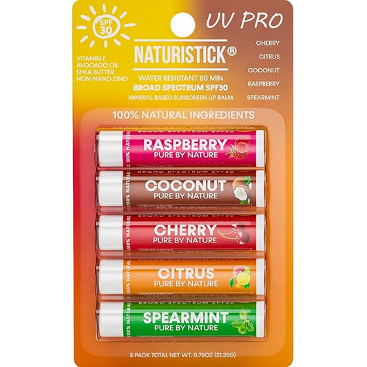 Naturistick SPF 30 Vegan Lip Balm – Mineral Sunscreen with Zinc Oxide | Broad Spectrum UVA/UVB | 100% Natural, Coral-Friendly Formula | 5-Pk Raspberry, Coconut, Cherry, Citrus, Spearmint | Made in USA-VivaGrace Women