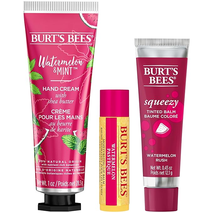 Burt's Bees Mothers Day Gifts for Mom, 3 Self Care Products, You're One in a Melon - Watermelon & Mint Hand Cream, Watermelon Lip Balm & Watermelon Rush Squeezy Tinted Lip Balm (Packaging May Vary)-VivaGrace Women