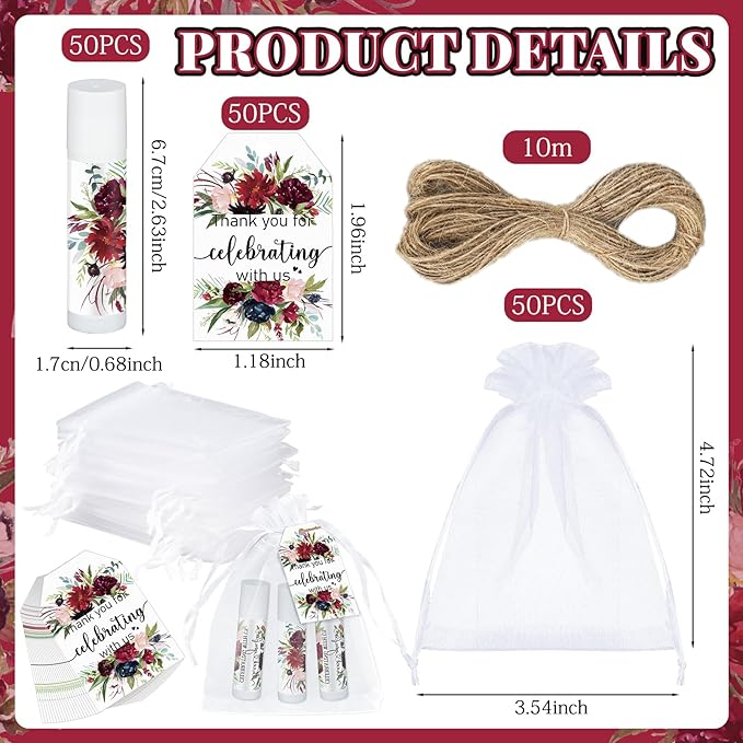 Dunzy 50 Pack Bridal Shower Favors Gifts Bulk Burgundy Floral Lip Balms Party Supplies Wedding Party Favors Bachelorette Prizes Souvenirs Thank You Appreciation Gifts for Guests Women Coworker Staff-VivaGrace Women