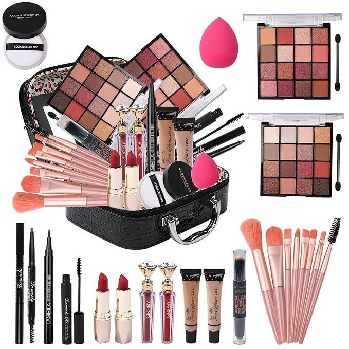 Makeup Kit for Teen Girls,All in One Makeup Kit for 2X16 Colors Eyeshadow Liquid Foundation Eyeliner Pencils Contouring Stick Lip Gloss Eyebrow Pencils 8Pcs Makeup Brushes etc (black)-VivaGrace Women