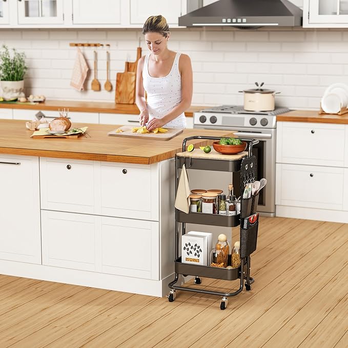 DTK 3 Tier Metal Utility Rolling Cart with Table Top and Side Bags, Tray Storage Organizer Wheels, Art Craft 4 Hooks for Kitchen Bathroom Office Living Room (Black)-VivaGrace Women