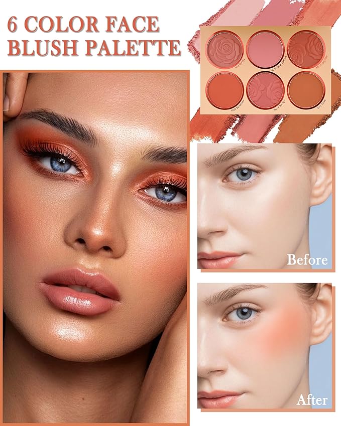 Matte Rose Face Blush Palette Kit with Brush-6 Color High Pigment Silky Mineral Blendable Blusher Contour Powder for Cheeks,Longlasting Eyeshadow Facial Beauty Cosmetic Makeup Gift for Women-Set 02-VivaGrace Women