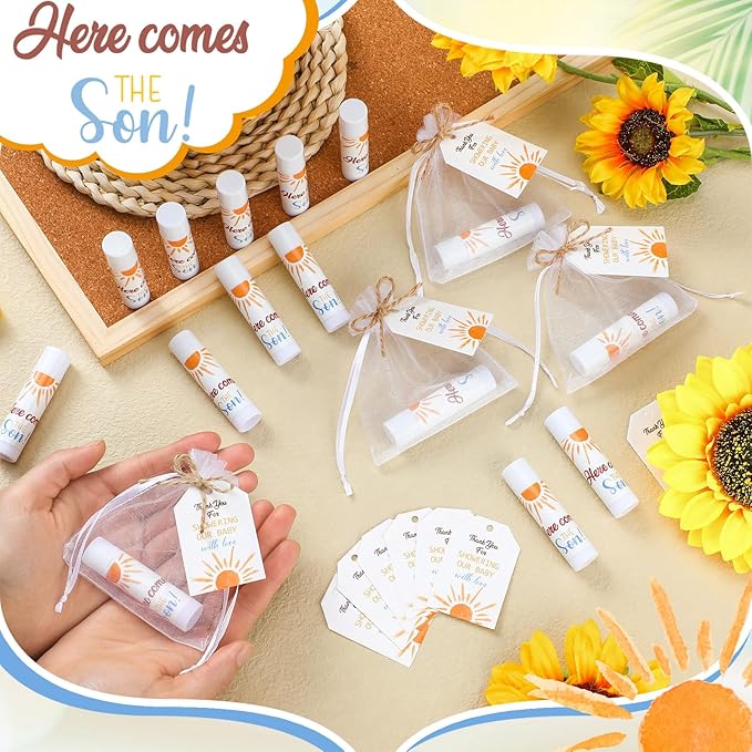 Dunzy 50 Pack Here Comes the Son Baby Shower Party Gifts Lip Balms Favors Bulk for Guests Boys Girls Gender Reveal Favors Baby Shower Game Prizes Souvenirs Goodie Bags Stuffers Thank You Gifts-VivaGrace Women