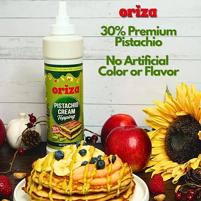 Oriza Pistachio Cream Topping, 28oz Bottle – Premium Pistachio Spread with 30% Pistachios, Palm Oil Free, Non-GMO, Natural Color – Dessert, Latte & Baking Cream