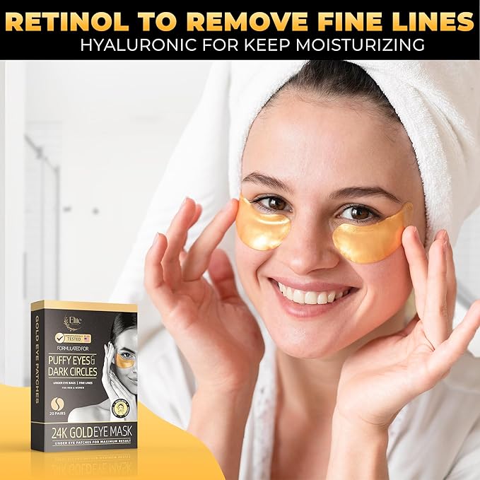 24k Gold Eye Mask - Under Eye Patches for Dark Circles, Puffiness, and Wrinkles - 20 Gold Eye Patches for Puffy Eyes with Collagen and Amino Acids for Intense Hydration and Firming-VivaGrace Women