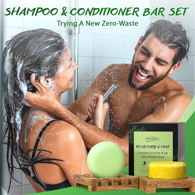 POP MODERN.C Rosemary Solid Shampoo and Conditioner Bar Set for Hair Growth, Moisturizing, 160g, 2.8219 Ounce, 2x80g Soaps, 2 Wooden Holder, Mother's Day Gift-VivaGrace Women