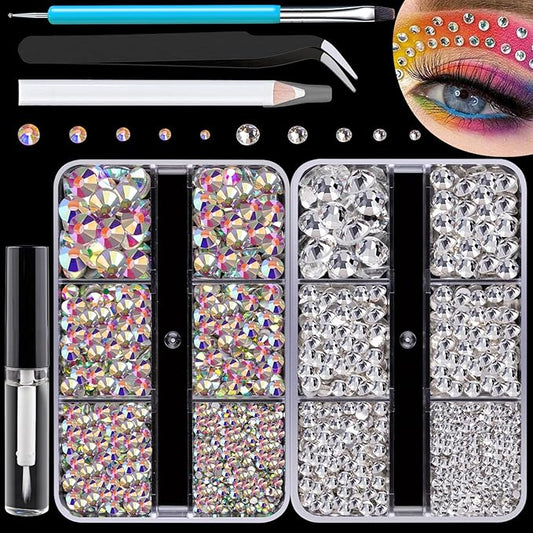 Colorful Face Gems for Makeup Set, Flatback Gorgeous Charming AB Glass Gem+Clear Glass Gem with Makeup Glue+Picker Pencil+Tweezer+Dual-End Dotting Tool for Eye Body Hair Make-up and Nail Art Deco-VivaGrace Women