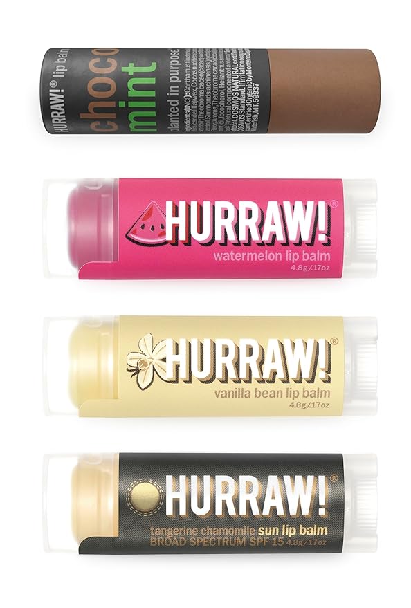 Hurraw! Lip Balms: Staff Favorites, 4 Balm Bundle Pack – Chocolate Mint, Watermelon, Vanilla Bean and Sun (SPF 15): Organic, Certified Vegan. 100% Natural Ingredients. Bee, Shea, Soy and Palm Free.-VivaGrace Women