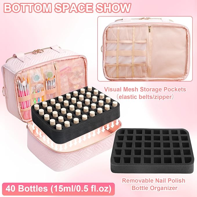 Nail Polish Organizer Bag Holds 50 Bottles (15ml/0.5fl.oz)& Nail Lamp, Soft Velvet Nail Kit Storage Carrying Case with Shoulder Strap, Double Layer Nail Supplies Organizer Handbag Women (Pink)