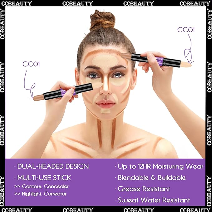 CCbeauty Contour Stick, 3pcs Dual-ended Wonder Stick Cream Highlight & Contour Kit, Bronzer and Highlighter Set for Face Contouring Shaping Makeup, Long Lasting & Waterproof - All Skin-VivaGrace Women