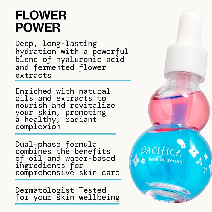 Pacifica Face Oil Serum - Flower Fix Bi-Phase Hydrating Skin Barrier - w/Hyaluronic Acid & Natural Botanical Ingredients - for Dry Sensitive Skin Vegan & Cruelty-Free Dermatologist Approved-VivaGrace Women