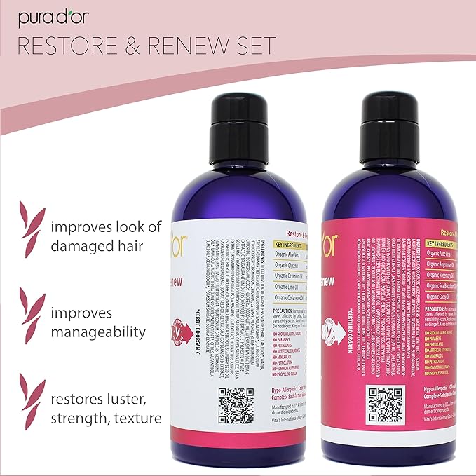 PURA D'OR Restore & Renew Shampoo and Conditioner Set for Strong, Healthy, and Nourished Hair with Organic Aloe Vera, Rosemary, Sea Buckthorn, Cacay, Coconut, Seaberry & Cedarwood-VivaGrace Women