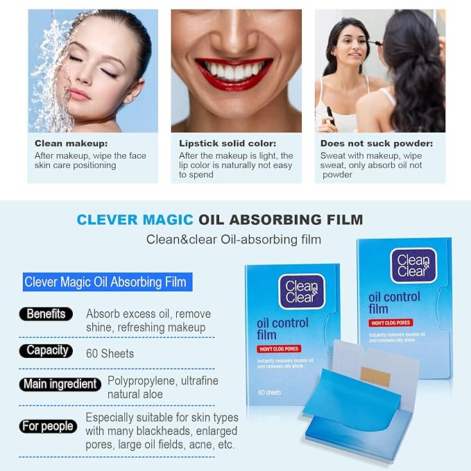 Oil Control Film, Oil Blotting Paper the Same Series with Clean & Clear Oil Absorbing Facial Sheets, 60 sheets Makeup Friendly High-performance Handy Face Blotting Paper for Oily Skin-VivaGrace Women