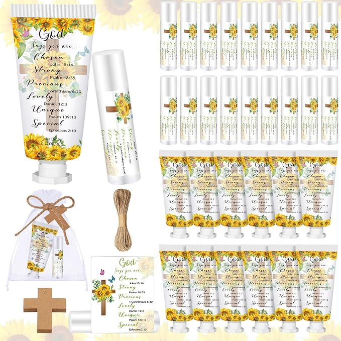 144 Pcs Christian Lip Balm Hand Cream Set Party Favors, Include 36 Bible Lip Balm 36 Moisturizing Hand Cream 36 Bags 36 Cards and Ropes for Accessories Gifts (Biblical, Sunflower)-VivaGrace Women