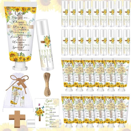 144 Pcs Christian Lip Balm Hand Cream Set Party Favors, Include 36 Bible Lip Balm 36 Moisturizing Hand Cream 36 Bags 36 Cards and Ropes for Accessories Gifts (Biblical, Sunflower)-VivaGrace Women