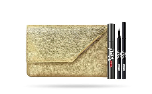 PUPA Milano Vamp! All In One And Skinny Liner Set - Volume Mascara And Ultra-Slim Eyeliner Pen - Naturally Formulated To Lengthen And Strengthen Lashes - Beautiful Gold Handbag - 3 Pc Mascara Kit-VivaGrace Women