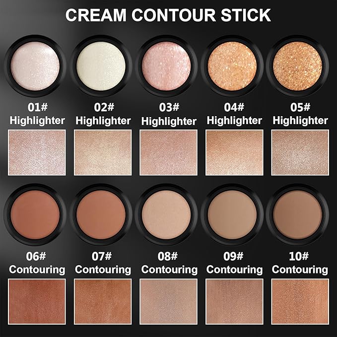 2Pcs Cream Contour Stick Makeup Kit, Cream Highlighter Stick and Bronzer Contour Stick with Longwear Waterproof Formula for Brightening and Trimming the Cheeks, Makeup Brush Include (#03, 09)-VivaGrace Women