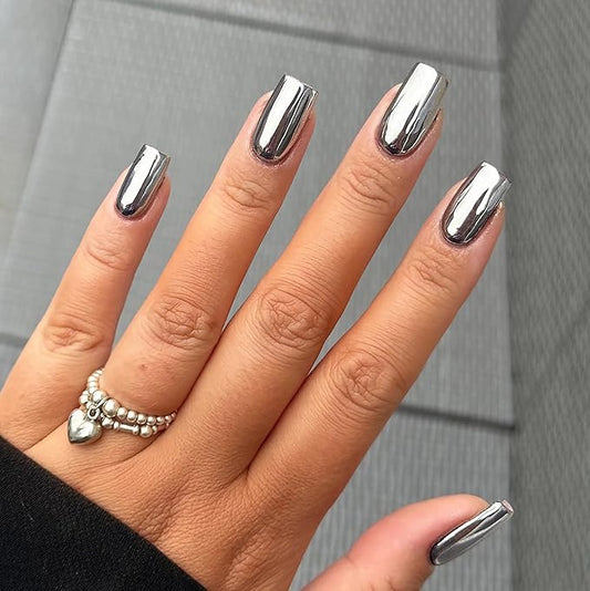 Press on Nails Square - Metallic Sliver Mirrored Chrome Fake Nails Medium Acrylic Full Cover Glue on Nails in 12 Sizes - 24 Piece Nail Kit，Natural Fit for Women & Girls Daily Wear