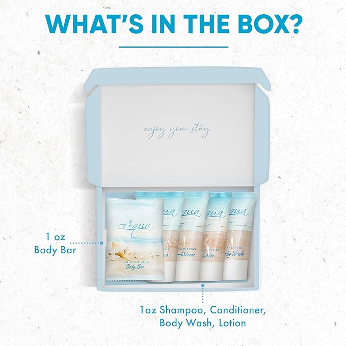 1-Shoppe All-In-Kit|Aqua Organics Amenity Kit|Boxed Hotel Toiletries|Bulk Set 1oz Travel Size Shampoo,Conditioner,Lotion,Body Wash & Bar Soap for Guest Hospitality AirBnB/Vacation Rentals|5 Pieces-VivaGrace Women