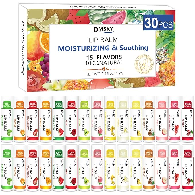 DMSKY 30 Pack Lip Balm, Natural Lip Balm Bulk with Vitamin E and Coconut Oil, Moisturizing Lip Balm for Chapped Lips-15 Flavors-VivaGrace Women