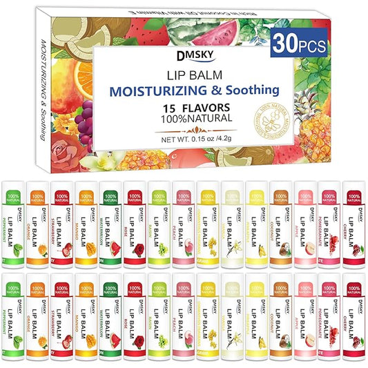 DMSKY 30 Pack Lip Balm, Natural Lip Balm Bulk with Vitamin E and Coconut Oil, Moisturizing Lip Balm for Chapped Lips-15 Flavors-VivaGrace Women