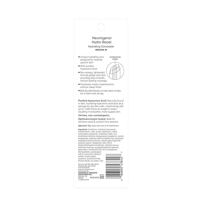 Neutrogena Hydro Boost Hydrating Concealer Stick for Dry Skin, Oil-Free, Lightweight, Non-Greasy and Non-Comedogenic Cover-Up Makeup with Hyaluronic Acid, 40 Medium, 0.12 Oz-VivaGrace Women