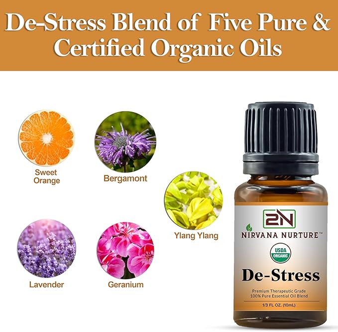 De Stress Blend USDA Organic, 100% Pure and Premium, Undiluted, Ease Stress, Aromatherapy, Mood Booster, Calm, Relax-VivaGrace Women