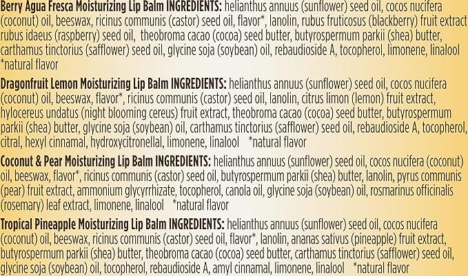 Burt's Bees Lip Balm - Berry Agua Fresca, Dragonfruit Lemon, Coconut & Pear, Tropical Pineapple Pack, With Beeswax, Tint-Free, Natural Origin Lip Treatment, 4 Tubes, 0.15 oz.-VivaGrace Women