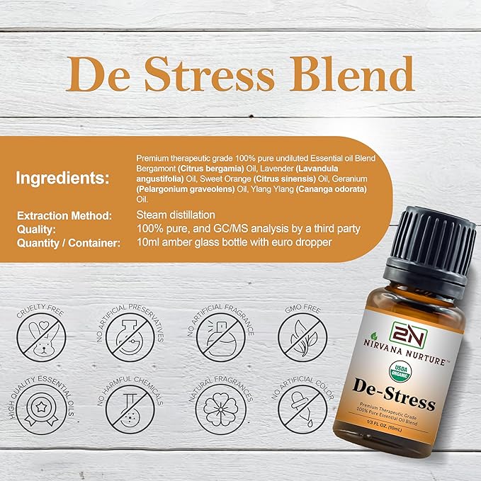 De Stress Blend USDA Organic, 100% Pure and Premium, Undiluted, Ease Stress, Aromatherapy, Mood Booster, Calm, Relax-VivaGrace Women