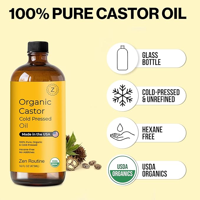 Zen Routine New (Glass Bottle) Organic Castor Oil 16oz – Hexane Free – Hair Growth Oil, Eye Lashes & Stomach, 100% Cold Pressed Unrefined Pure for Castor Pack Wrap – USDA Certified, Made in the USA-VivaGrace Women