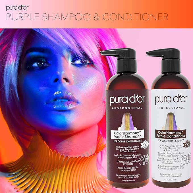 PURA D'OR 16 Oz ColorHarmony Purple Shampoo For Bleached, Blonde, Silver & Color Treated Hair - Keratin, Bamboo Fiber, No Sulfates, Select Natural Ingredients - Men & Women-VivaGrace Women